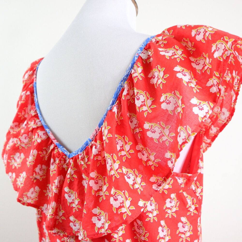 J Crew Size S Ruffle V Neck Top Cotton Classic Block Print Orange - Picture 6 of 11